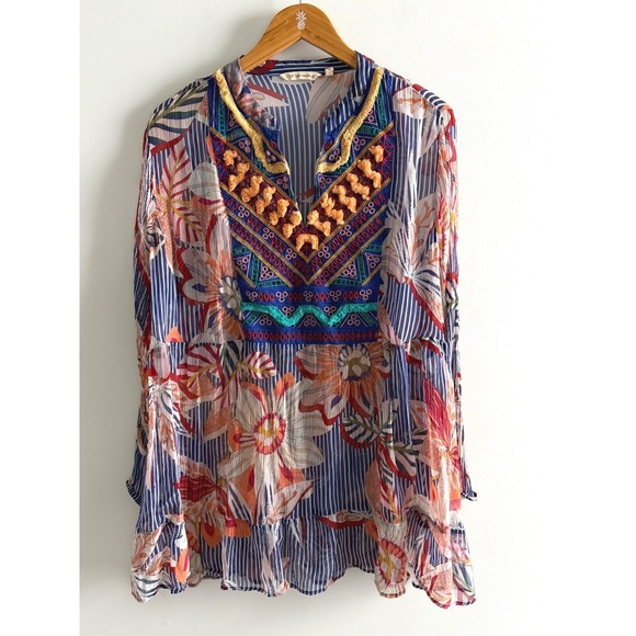Soft Surroundings Tops - Soft Surroundings Tory Top Blue Floral Sheer Boho Embroidered Pom Pom Tunic 3X